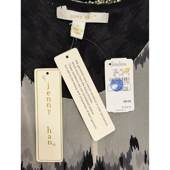 Jenny Han Women's sz L Silk Ikat Print Beaded Neckline Cold Shoulder Blouse boho - Picture 3 of 4